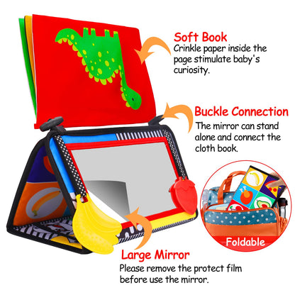 Tummy Time Baby Mirror Infant Toys Newborn 0 3 Months Brain Development with Crinkle Cloth Book Teether Black and White High Contrast Baby Toys 2 4 5 0-6 Month Boys Girls Sensory Activity Shower Gifts