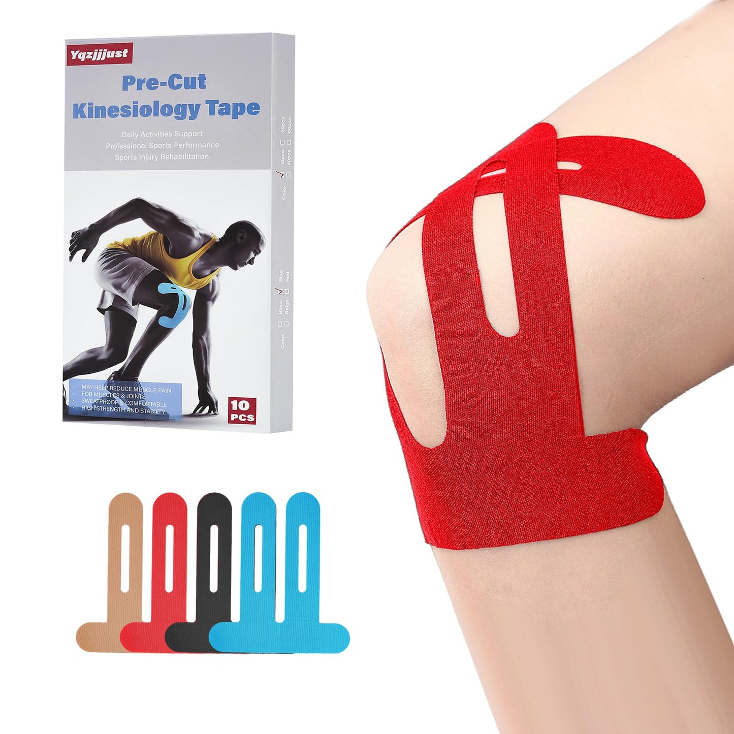 10 PCS Waterproof Kinesiology Tape for Shoulders/Knees,Precut Strips for Knee Pain Relief & Stability Support, Elastic Strong Adhesive Athletic Tape, Latex-Free Hypoallergenic Sports Tape (Red)