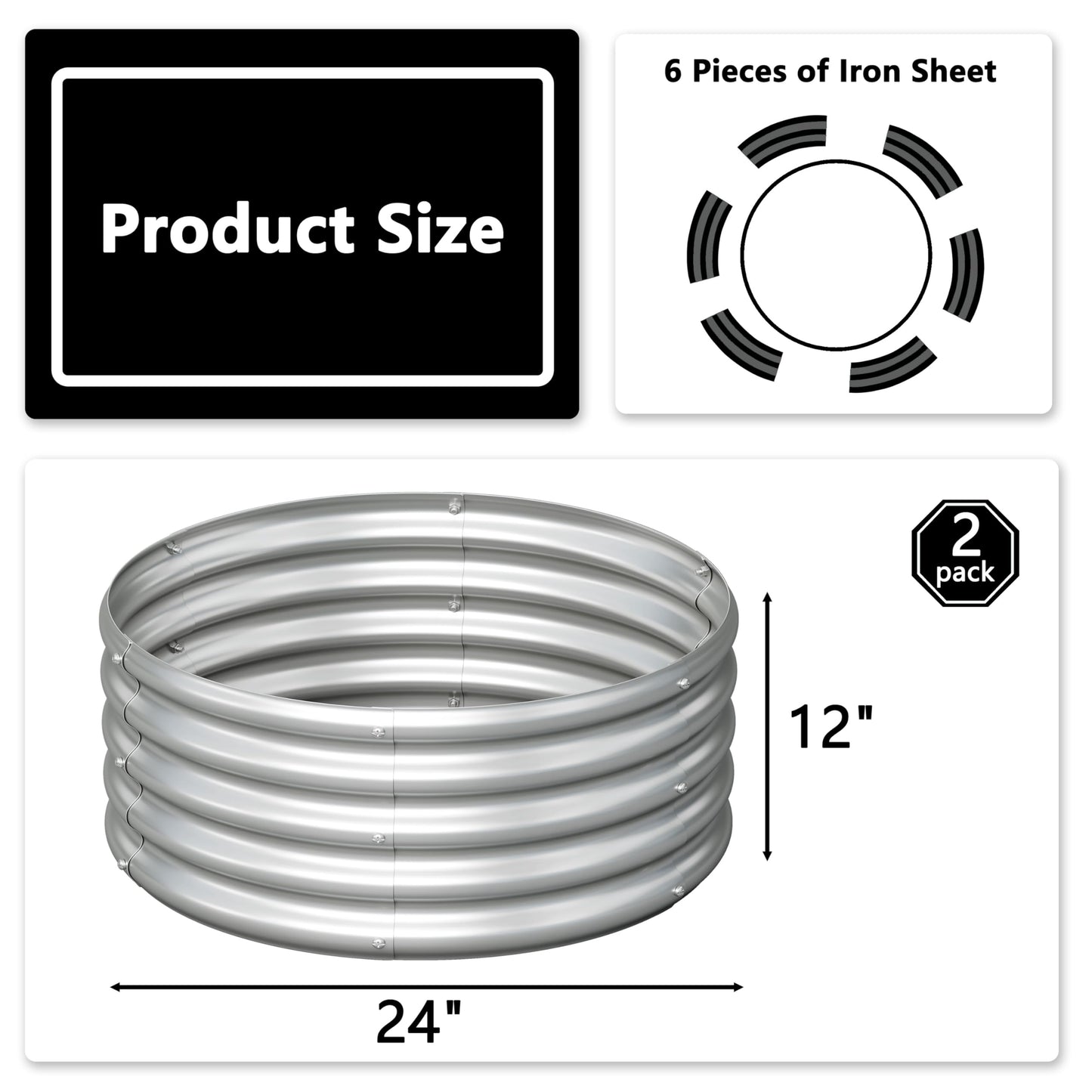 Foxlang 2x2x1ft(2 Pack) Galvanized Round Raised Garden Bed,Outdoor Planter Box Metal Patio Kit Planting Bed for Vegetables Flowers Herb,Silver