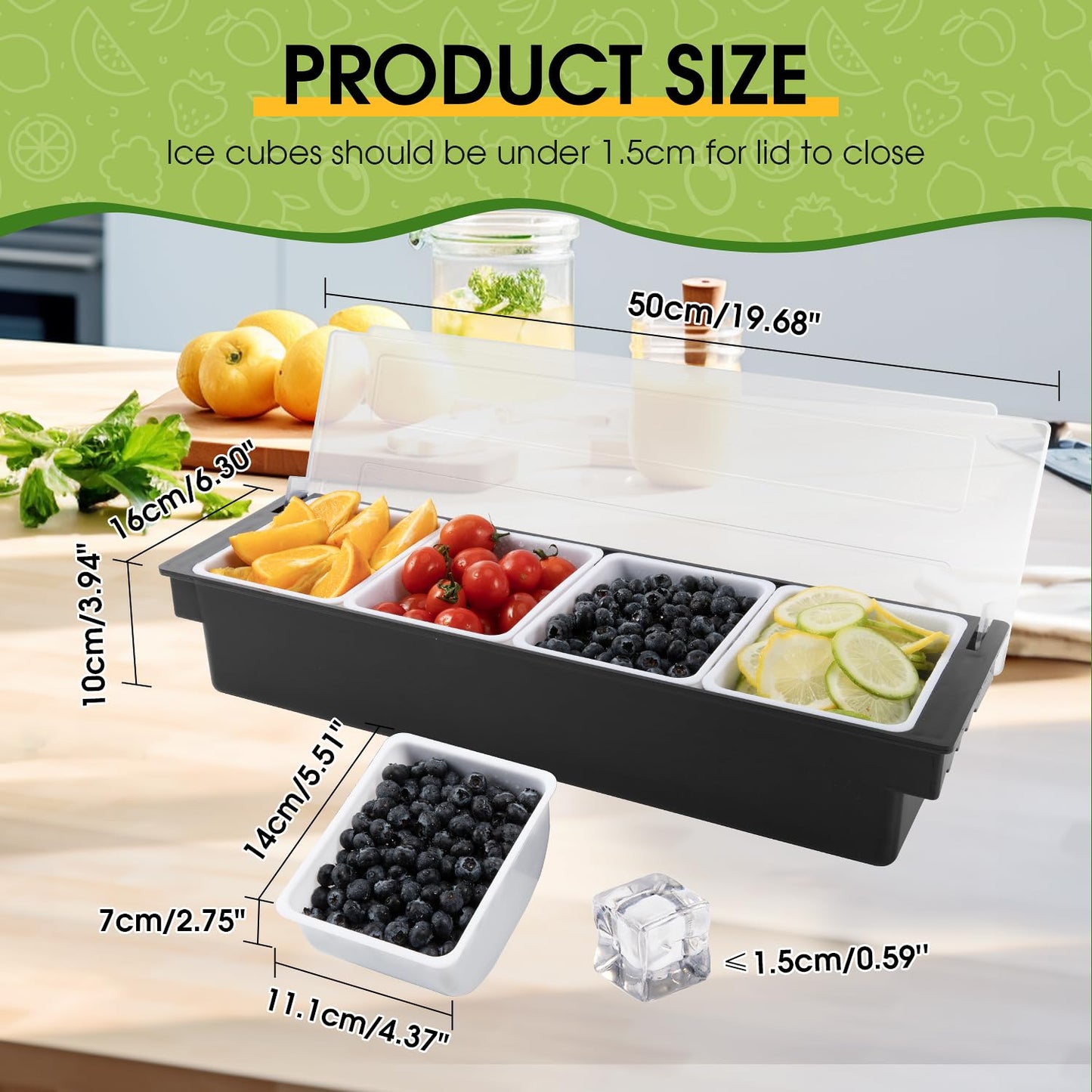 POWLAB Fruit, Veggie & Condiment Caddy with Lid Dispenser Tray Garnish Station for Bartending & Serving Taco (1, 4 Compartment)