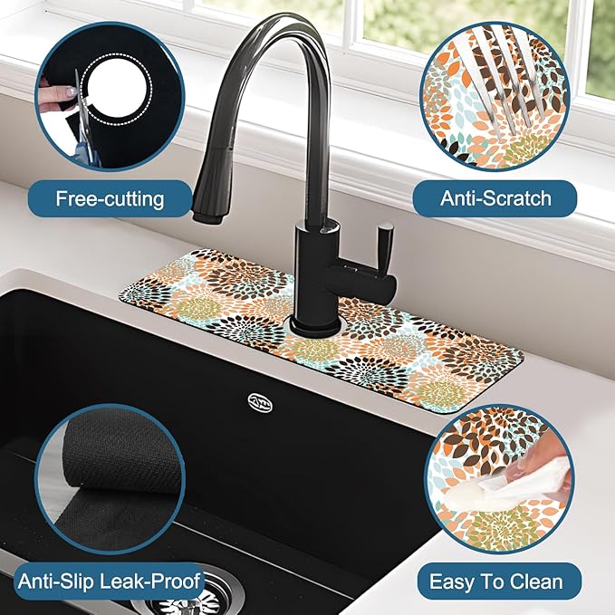 Vintage Flowers Kitchen Sink Splash Guard Faucet Mat Abstract Floral Super