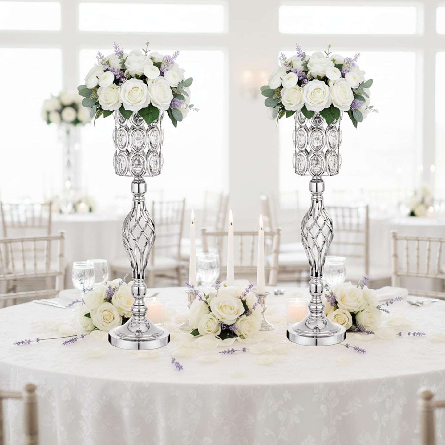 Crystal Wedding Centerpiece Vases for Tables - Set of 2 Metal Silver Vases, 24in Tall Versatile Flower Holders, Elegant Flower Stands for Centerpieces Wedding Party Reception Christmas Home Decor