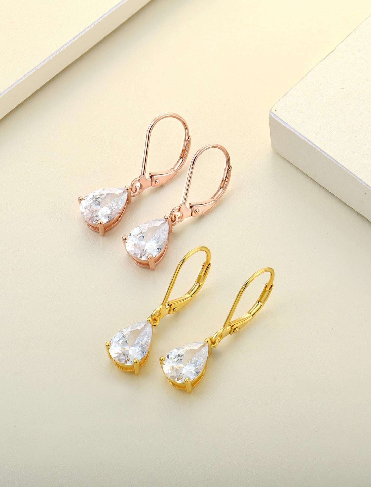 YL 925 Sterling Silver Teardrop Dangle Drop Earrings for Women 7x10 MM Solitaire Cubic Zirconia Leverback Jewelry with 18K Gold Plated