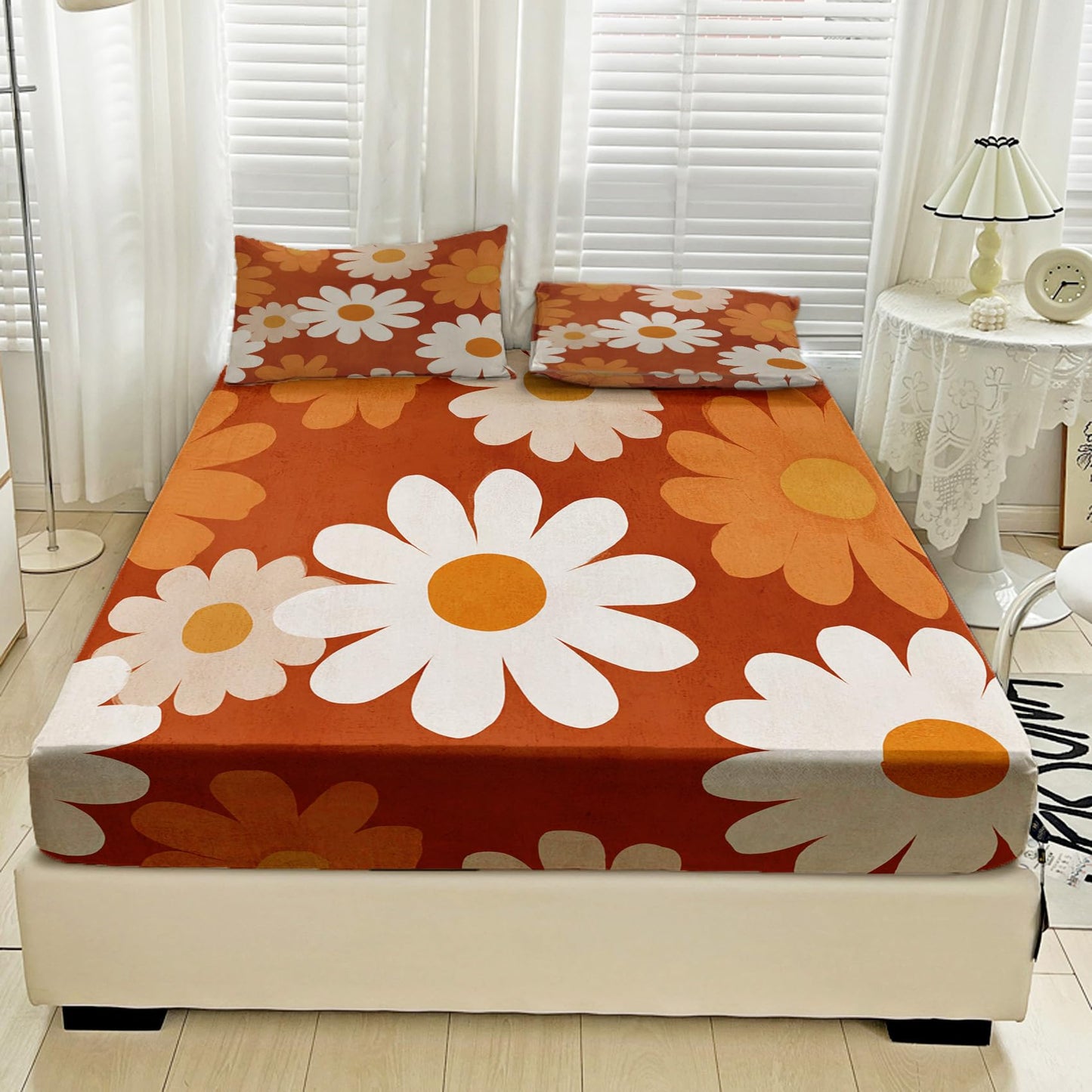 NOGAWA Retro Flower Sheets King Size, Boho Floral Bed Sheets, 70s Bedding Sheets, Pillowcases 4 Piece Set, Microfiber Deep Pocket Fitted Sheet, Flat Sheet, 2 Pillow Cases