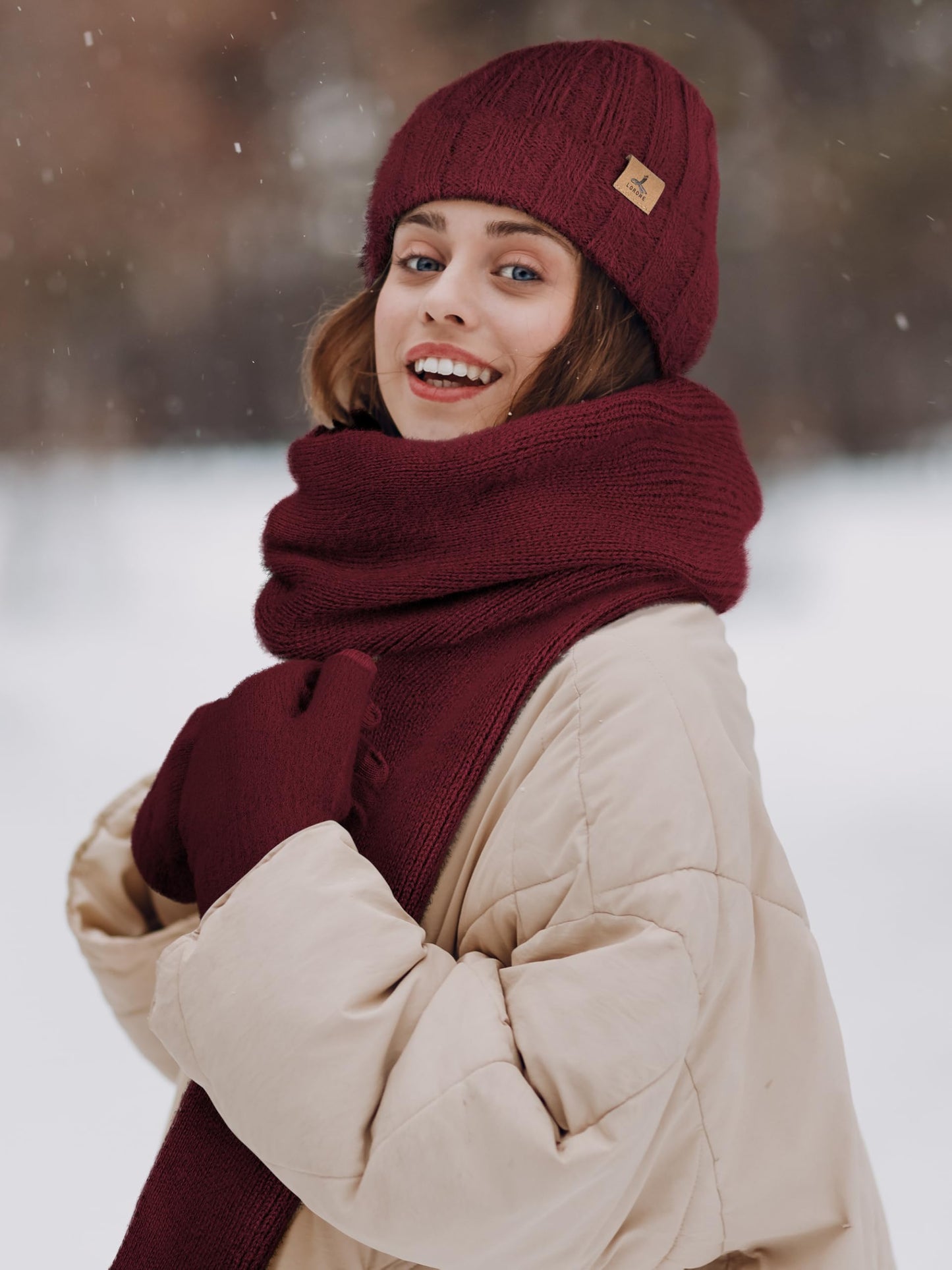 Winter Beanie Hat Scarf Gloves, Warm Fleece Knit Hat Long Scarf Neck Warmer Touch Screen Winter Gloves Set Gifts for Women Wine Red