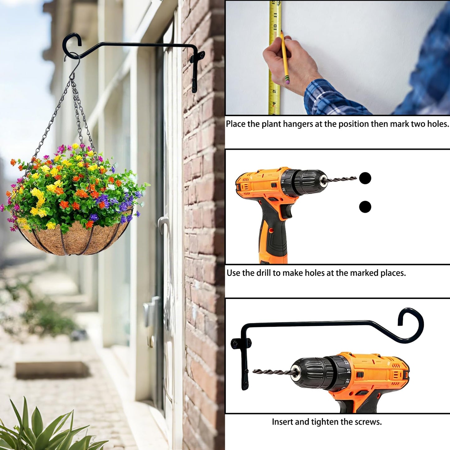 Uiyicil 2 Pack Plant Hanger Wall Hook, Heavy Duty Metal Plant Hangers Outdoor Holds Up to 40 lb, Hooks for Hanging for Hanging Plants Indoor Outdoor Patio Garden （9.4IN Black）