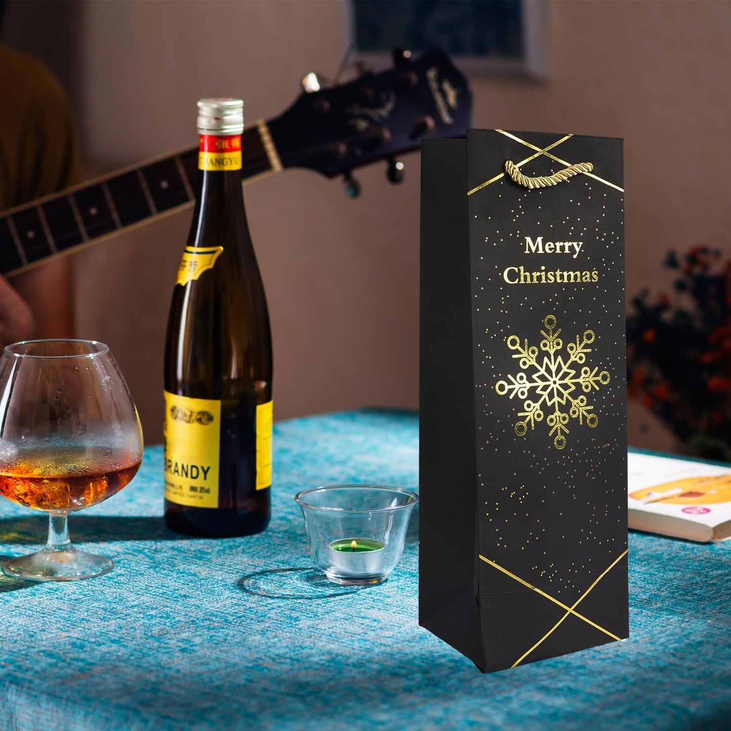 Uptotop Christmas Bottle Bags, 12 Pack Gold Foil Christmas Wine Gift Bags, Xmas Kraft Paper Bags with Rope Handles for Holiday Party Gift Giving