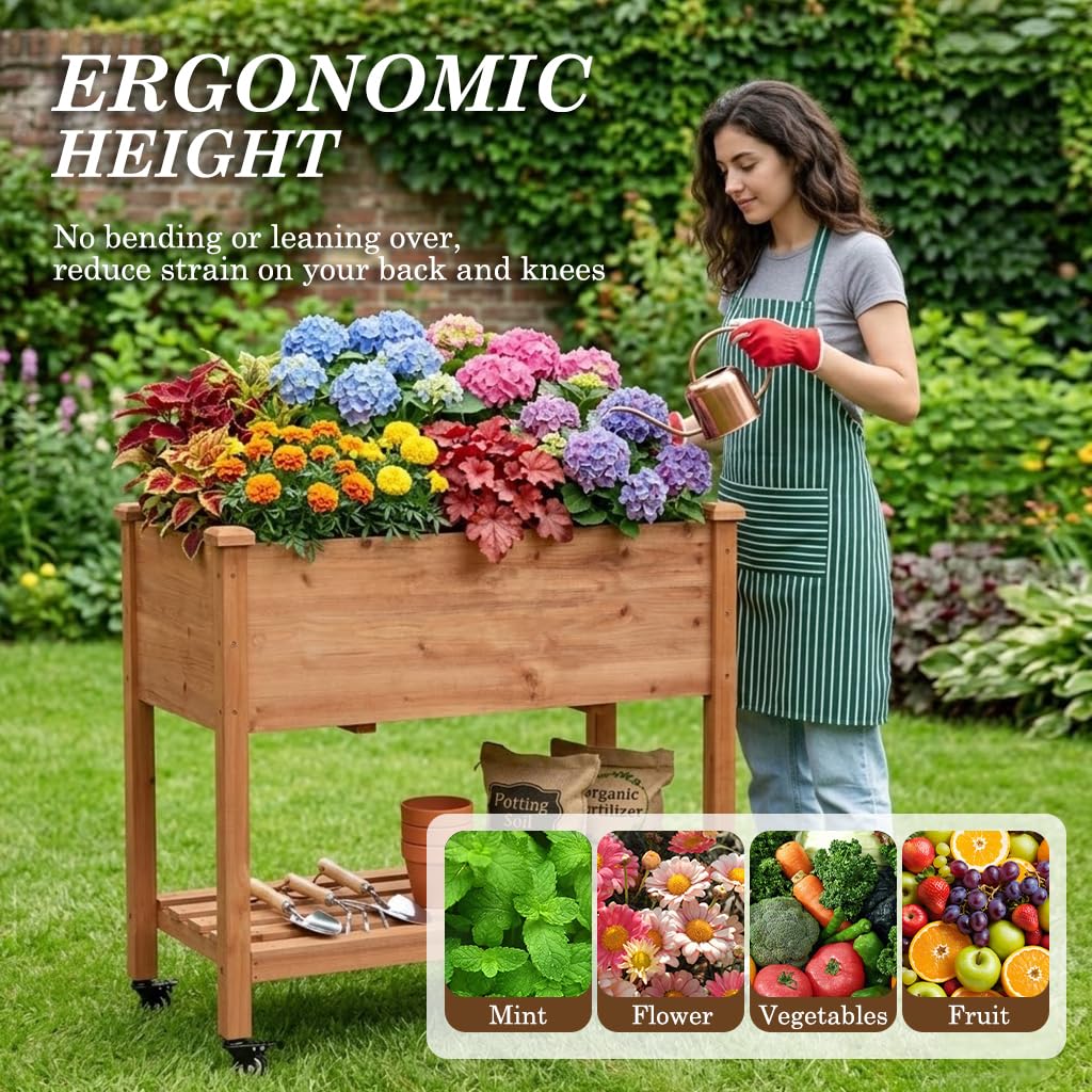 Nature Crafted Raised Garden Bed with Lockable Wheels, 32x16x32 inch Elevated Wood Planter with Storage Shelf Protective Liner for Vegetable Flower Herb Outdoor Balcony Patio Backyard, Brown