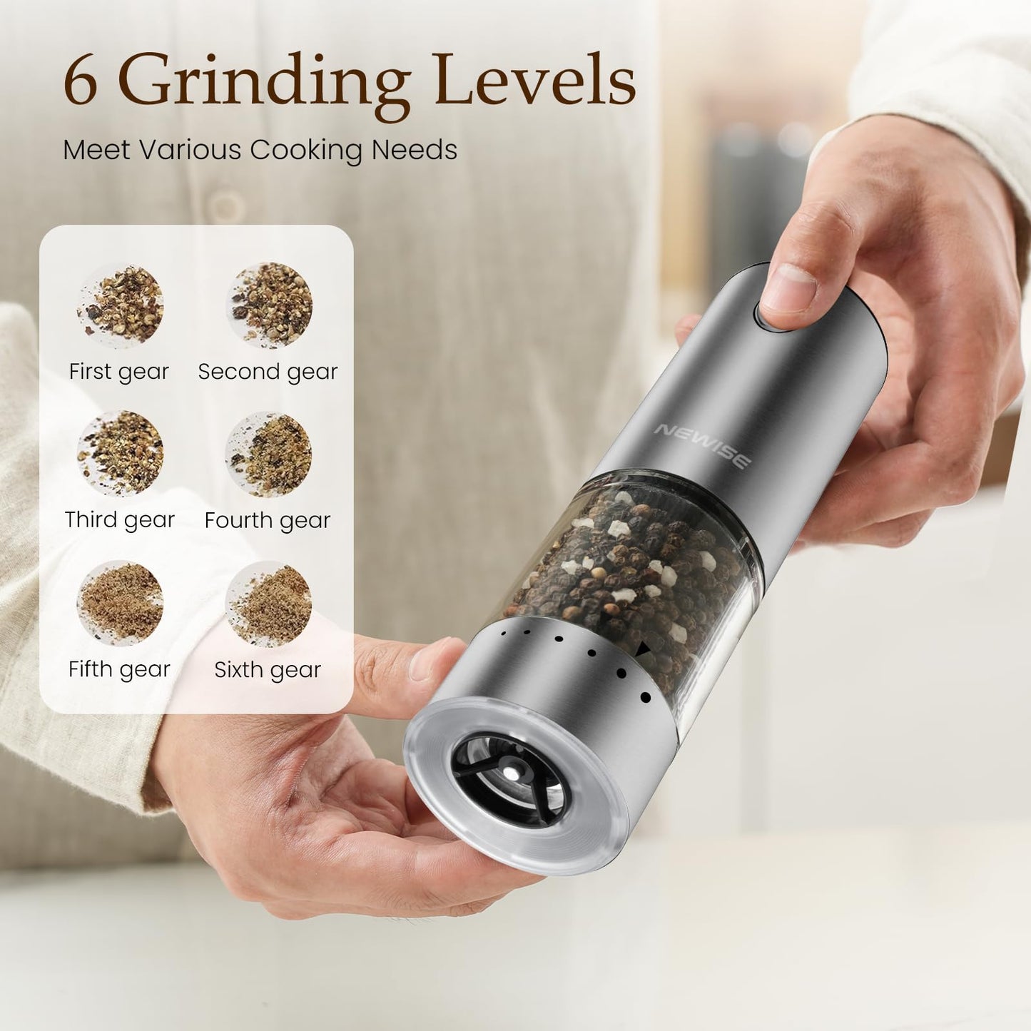 Electric Salt and Pepper Grinder Set - Acacia Wood Base, Rechargeable & Automatic Pepper Mill with LED Lights, Adjustable Coarseness, 95ml Large Capacity for Kitchen