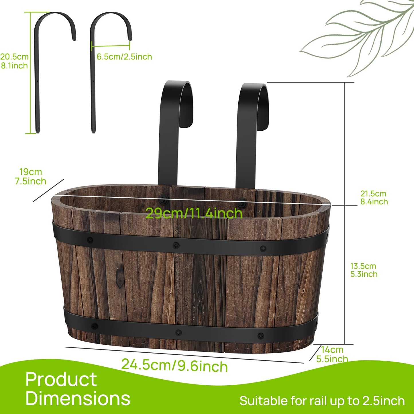2pcs Wood Railing Planter Boxes Wooden Hanging Flower Pots for Railing Fence Outdoor Plants Wall Planters Window Flower Box Hanging Bucket Pots Countryside plant Holder (Carbonized,2pcs,Small)