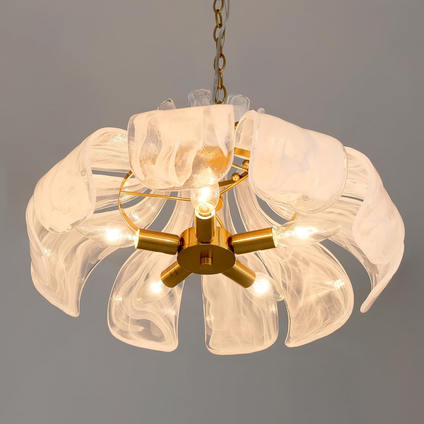 Wrlmfy Hammered Alabaster Glass Chandelier, 18" Hand-Blown Glass Pendant Brass Gold Hanging Lighting Fixture for Kitchen Island Dining Living Room Entryway, E12 Base (Gold & White Hammered Glass)