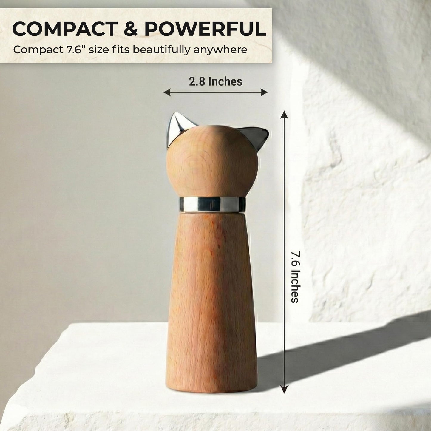 Ryevalley Wood Cat Pepper Grinder - Manual Wooden Salt Mill with Adjustable Coarseness - Unique Minimalist Kitchen Decor & Aesthetic Cat Themed Gifts for Cat Lovers, Natural Beechwood
