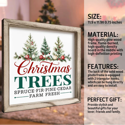 Christmas Wall Decor, Christmas Trees Farm Fresh Sign, Spruce Fir Pine Cedar Framed Wood Wall Accent for Rustic Living Room or Entryway, MDF Holiday Hanging Plaque