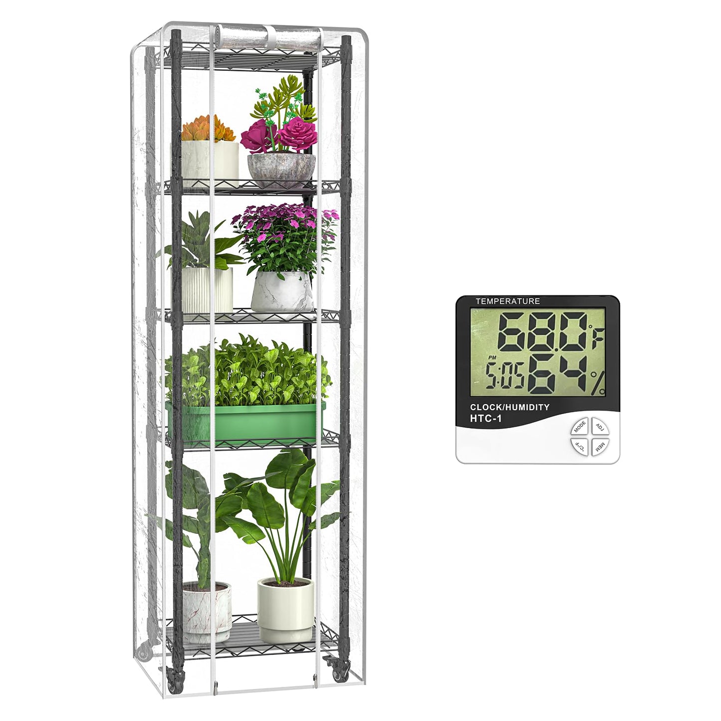 sagrynfp Mini 5-Tier Greenhouse for Indoor Outdoor , 15.7" L×11.8" W×62.3" H Portable Greenhouse with Clear PVC Cover and Metal Shelf for Growing Vegetables, Flowers and Seedlings, with Wheels