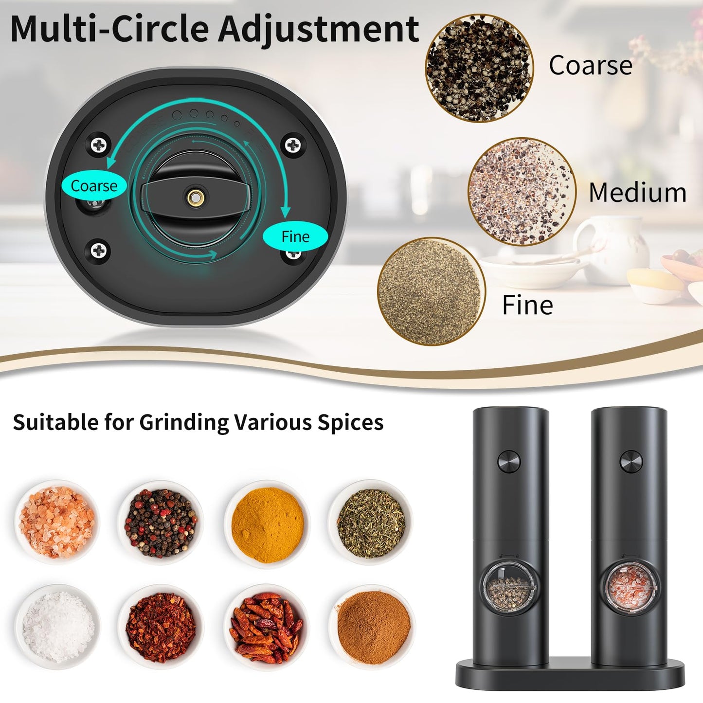 CIRCLE JOY Electric Salt and Pepper Grinder Set, Battery Operated Pepper Mill Grinder with Base, Adjustable Coarseness and Automatic Single Hand Operation, Black