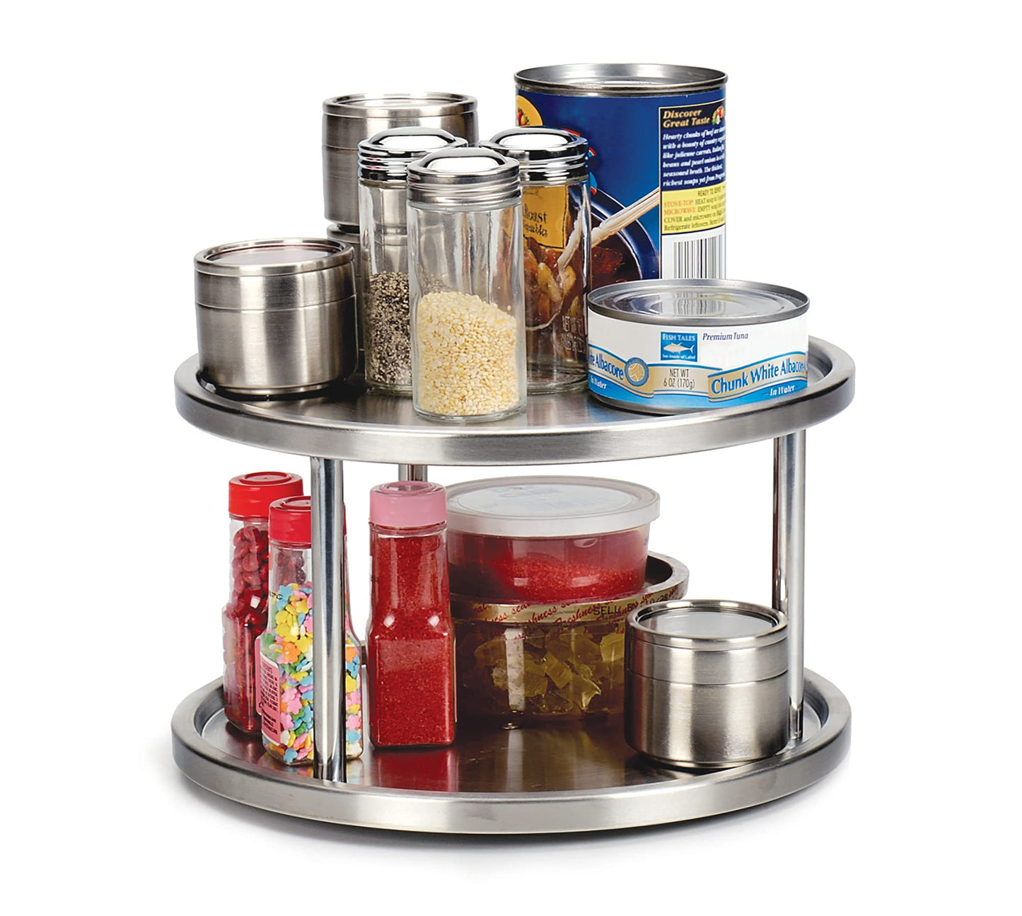 RSVP International Two-Tier Turntable Lazy Susan | Handy in Cabinet, Refrigerators & Counters | Organize Spices, Canned Foods, Pots, Pans, Dinnerware, 10.5" x 6", Stainless Steel