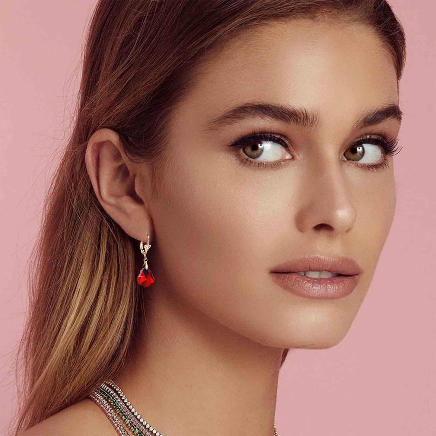 Austrian Crystal Baroque Drop Leverback Earrings for Women Fashion 14K Gold Plated Hypoallergenic Jewelry (Red)