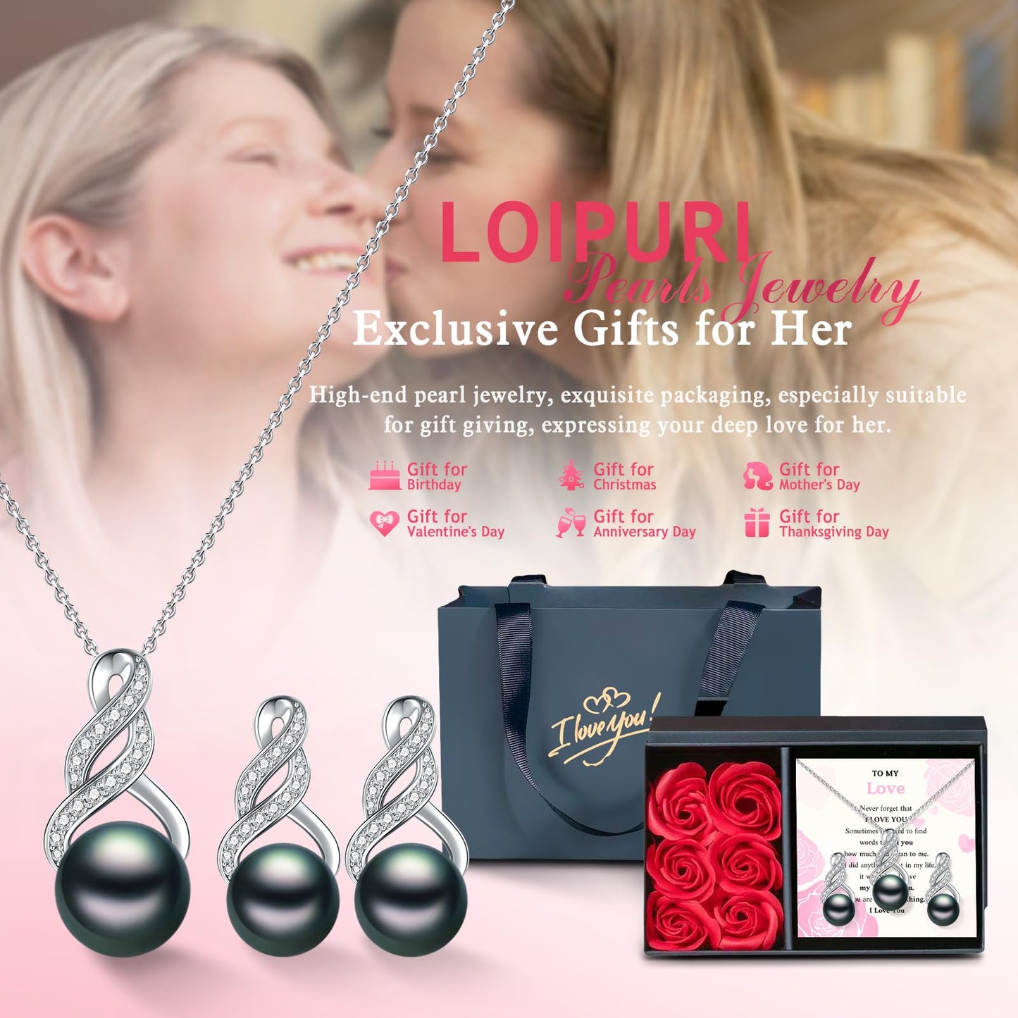 LOIPURI Pearl Necklace and Earring Set for Women - 925 Sterling Silver Pearl Jewelry Set Rhodium/Gold Plated Anniversary Birthday Gifts Packaged in Preserved Rose Box