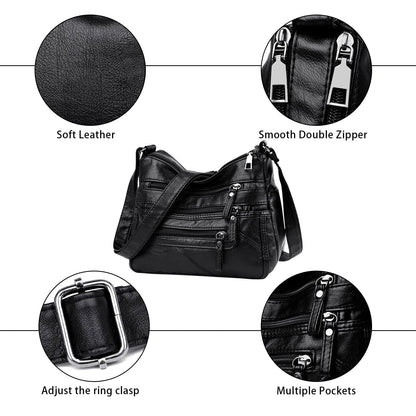 Ladies Shoulder Bags Soft PU Leather Crossbody bag for Women Multi Pockets Lightweight Waterproof Crossbody Handbags for Travel Daily Use Black