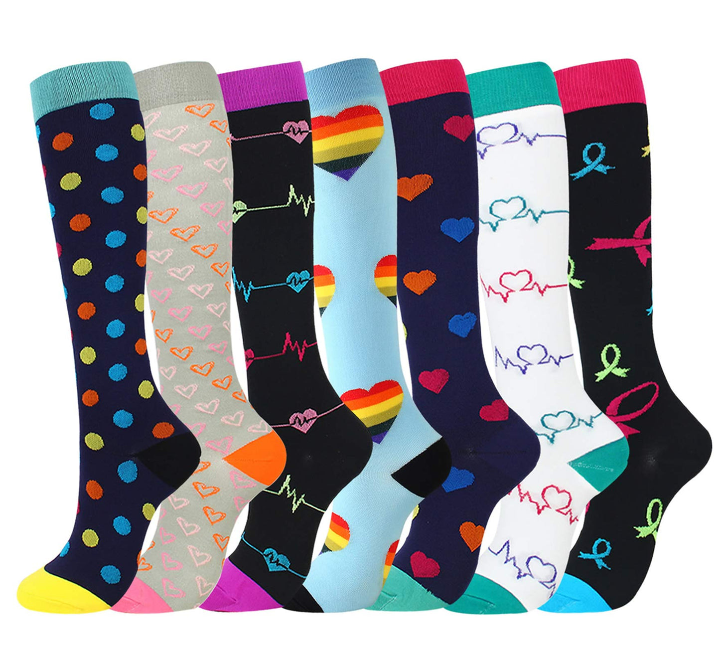 YYW Compression Socks for Men & Women 7 Pairs Best for Running Medical Sports Flight Travel Pregnancy 20-25mmHg (Compression Socks 1,S-M)