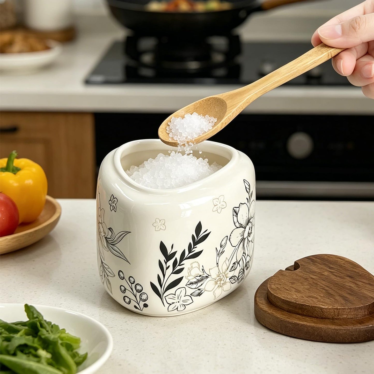 Salt Cellar 13.4 oz, Chinese Classical Vine Pattern Porcelain Salt Container with Wooden Lid & Bamboo Spoon, Ceramic Seasoning Bowl for Pepper & Spices, Kitchen Countertop Salt Holder (Triangular)