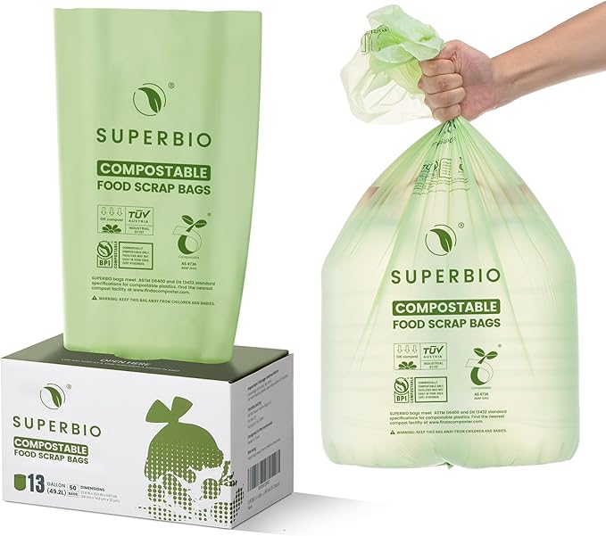 SUPERBIO 13 Gallon Compostable Kitchen Waste Bags, 1 Pack, Flat top Food Scrap