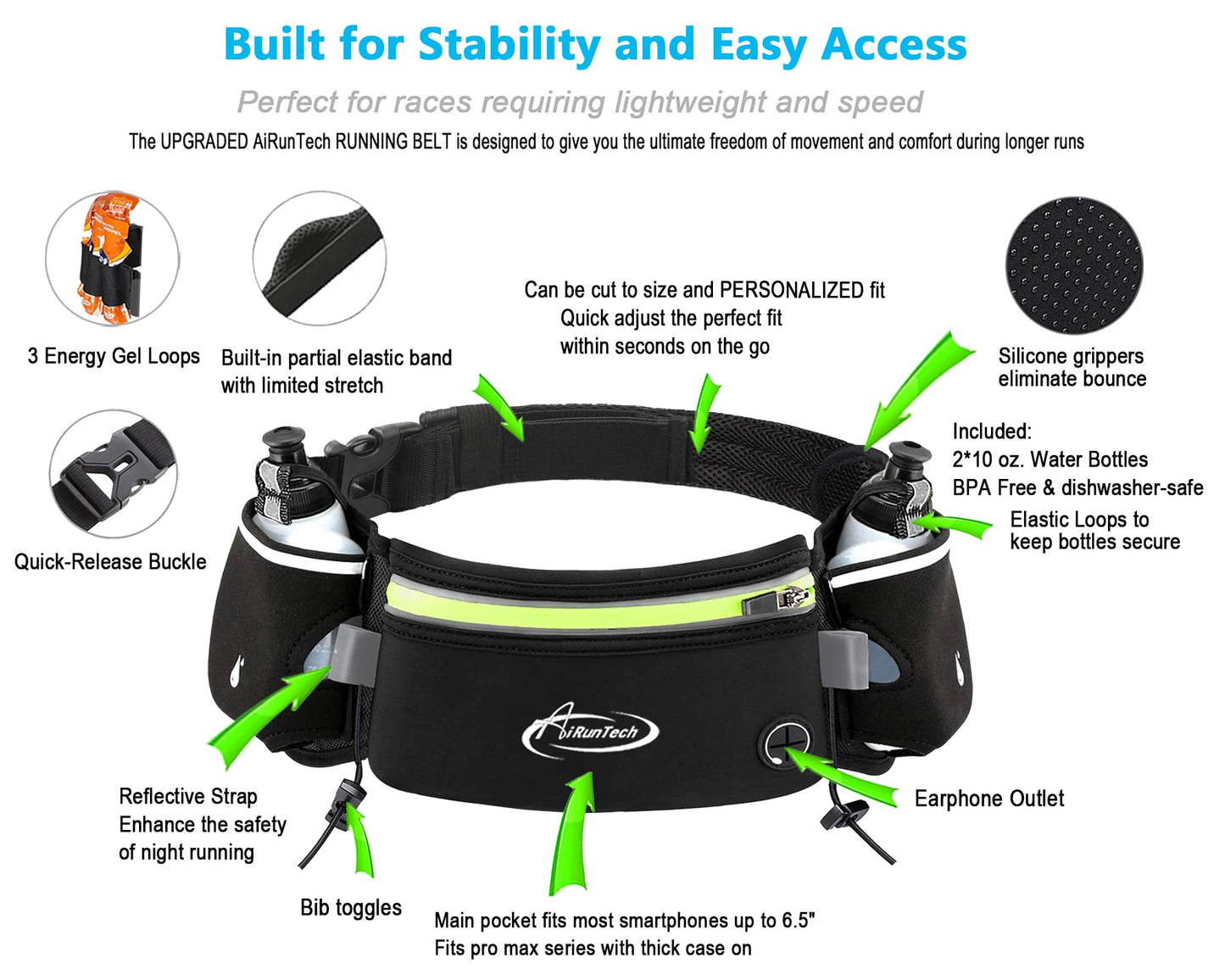 AiRunTech Hydration Running Belt with Bottles Zero Bounce Design for Running, Triathlon, Marathon, 10K, 5K, Trail Fit for Most Smartphones(2 * 10OZ bottle)