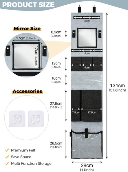 JOYMOMO Felt Police Locker Organizer with Soft Mirror, 52 X 11 Inches Hanging Locker Door Organizer for Work, Gym, School (Gray)