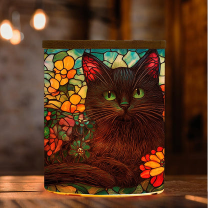 Stained Glass Black Cat Tea Light Holder Candle Jar with Battery Operated, Animal Stained Glass Memorial Candle Holder Sympathy Tealight Holder, Full Wrap Tealight Candle Jar for Home Decor