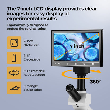 [Blood Version] Vabiooth Dual-View Compound Monocular Microscope 40X-2500X Magnification with 7" LCD Screen 5MP E-Eyepiece, Adjustable Mechanical Stage, Aluminum Carry Box for observing Live Blood