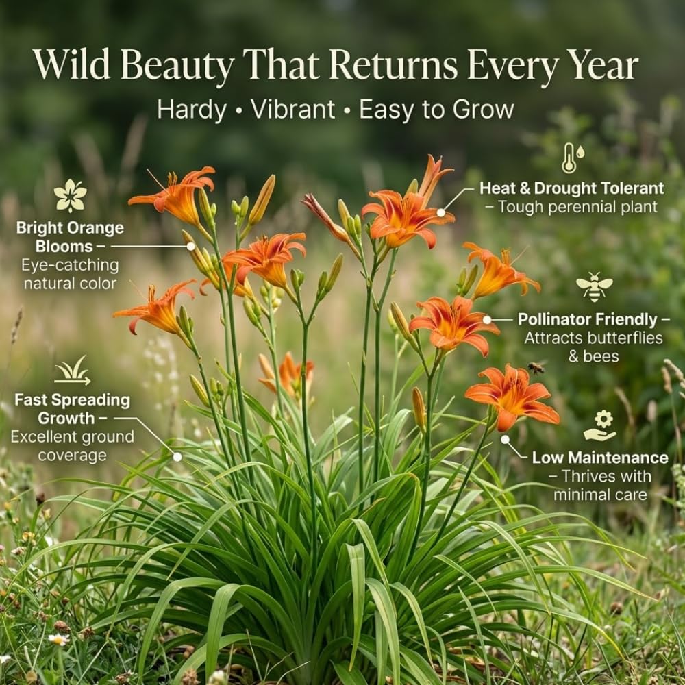 50 Wild Orange Daylily Live Roots, Hemerocallis Fulva, Vigorous Orange Flowering Perennial for Garden Borders