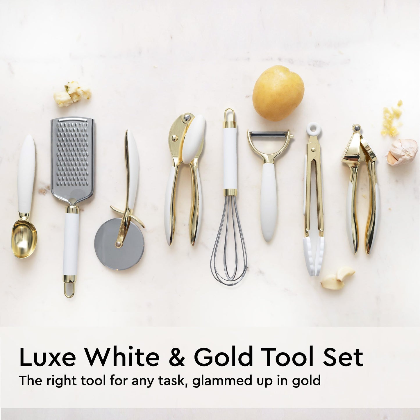 White & Gold Cooking Utensils Set - Luxe 8-Piece Kitchen Gadget Set Includes Can Opener, Tongs and Garlic Press - Stylish White and Gold Kitchen Accessories for Modern Kitchens, Ideal for Gifting