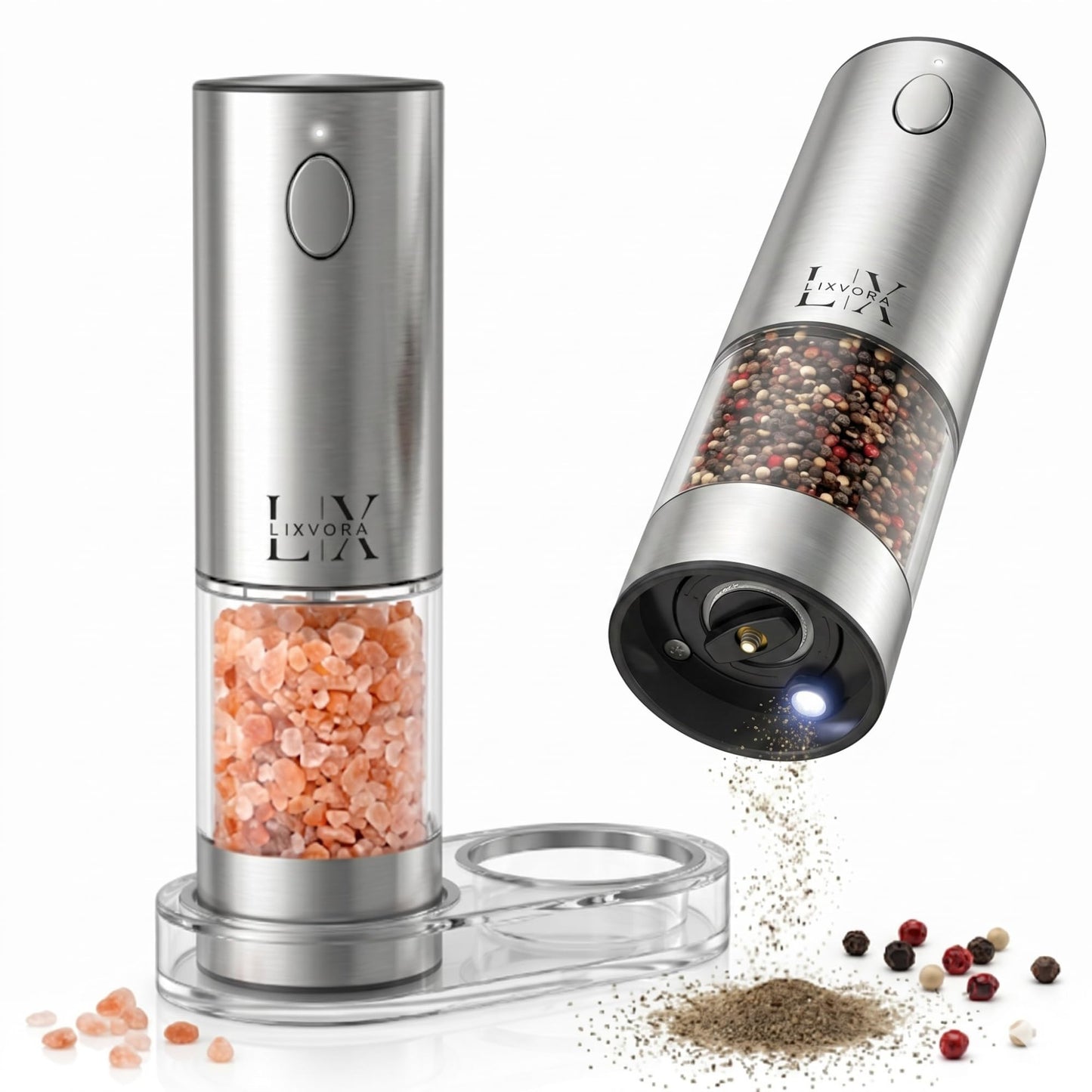 LIXVORA Electric Salt and Pepper Grinder Set, Rechargeable Salt and Pepper Grinders, Stainless Steel Automatic Pepper Mill, Adjustable Coarseness, LED Light, One-Hand Operation for Kitchen & Dining