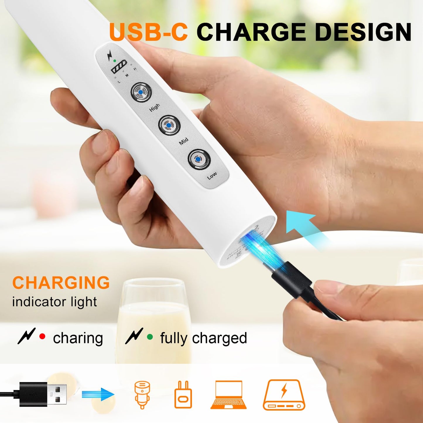 YUSWKO Black Handheld Milk Frother Wand for Coffee, Rechargeable Electric Whisk with 3 Heads 3 Speeds Drink Mixer Coffee Frother For Latte, Cappuccino, Hot Chocolate, Egg