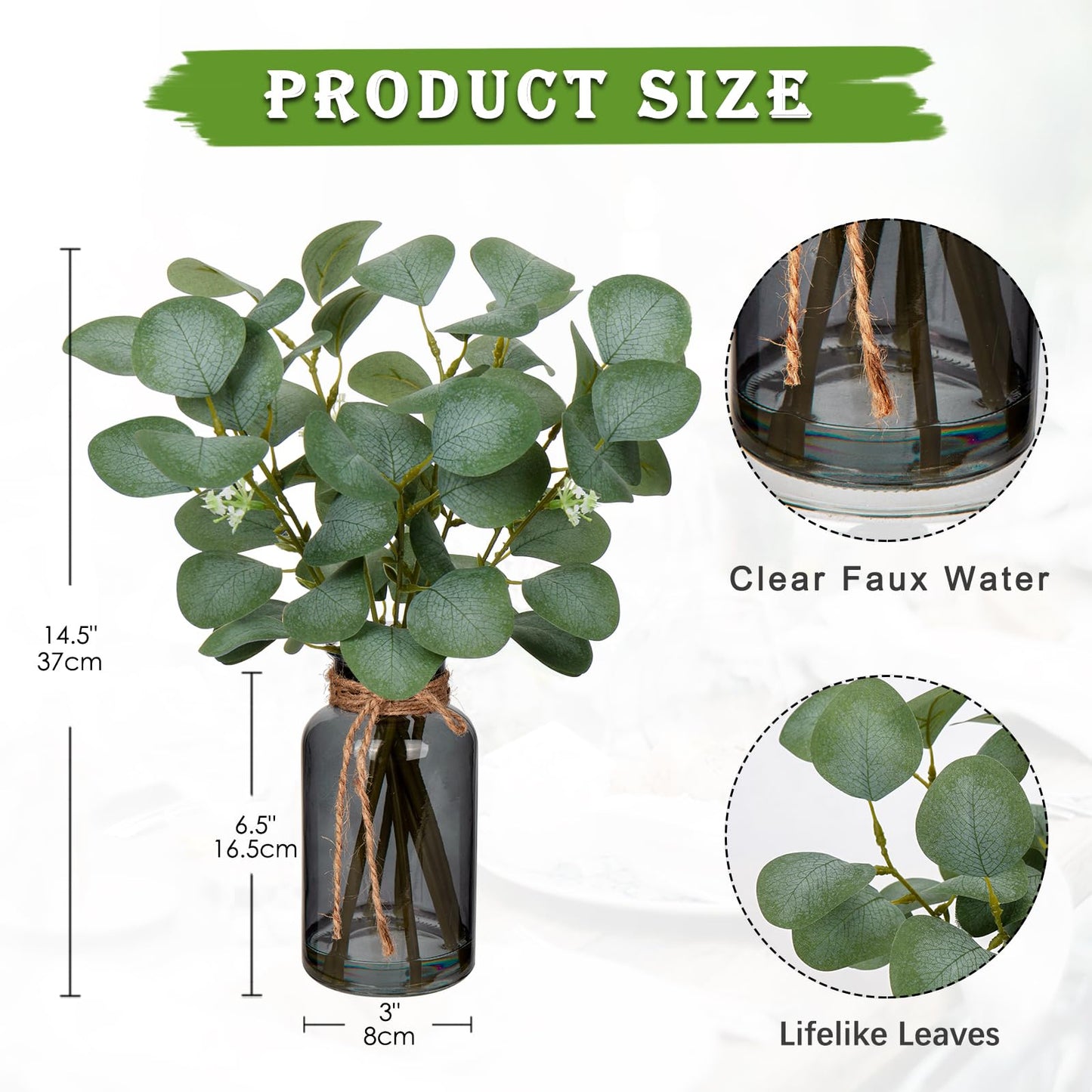 Briful Artificial Eucalyptus Stems in Black Glass Vase with Faux Water, 14" Fake Plant Eucalyptus Leaves for Home Office Farmhouse Wedding Centerpiece Décor