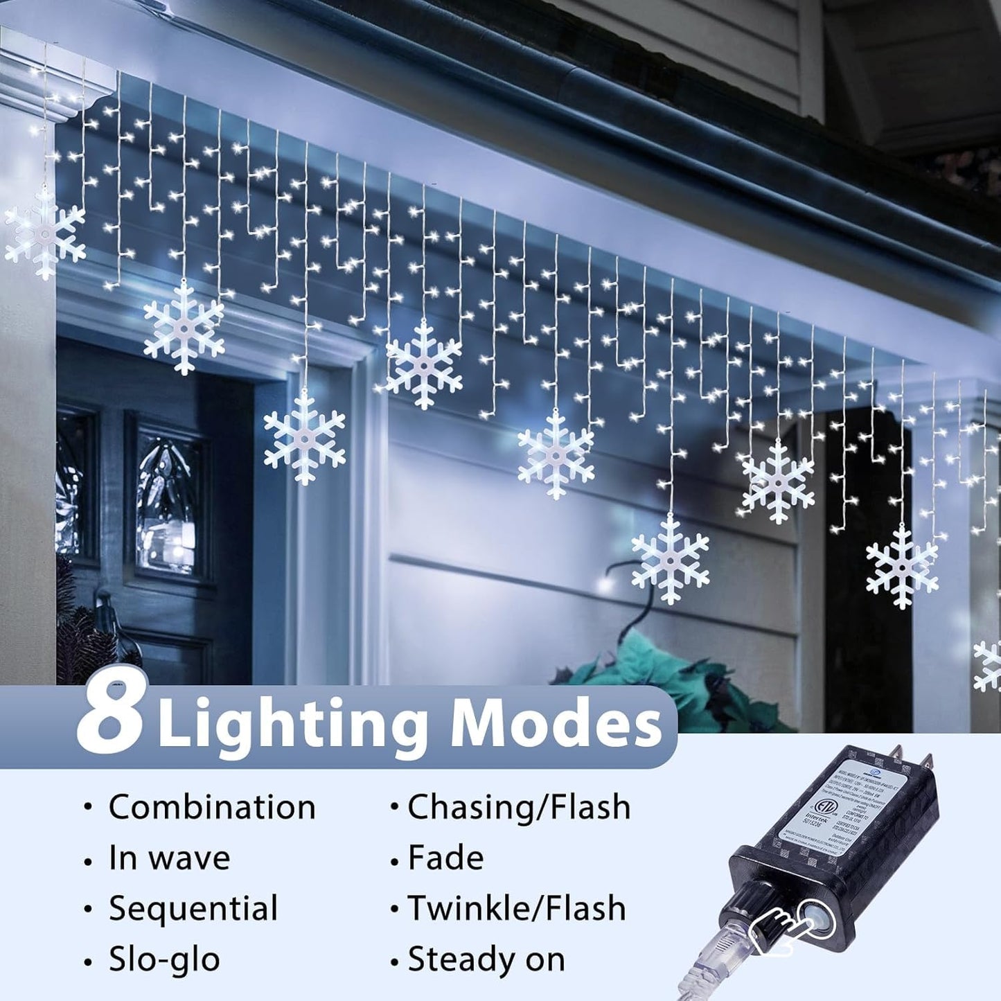 Minetom Snowflake Icicle Lights Outdoor, 20FT 200 LED Icicle Christmas Lights with Timer, 24 Drops, 8 Modes, Waterproof Christmas Light for Outdoor Outside Holiday Decoration, Pure White