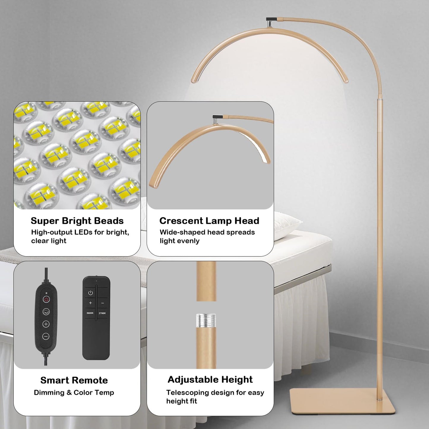 MINIEAR Half Moon Lash Light for Eyelash Extensions & Estheticians, Dimmable LED Lash Lamp with Flexible Gooseneck, Shadow-Free Moon Light for Lash Tech, Tattoo, SPA, Eyelash Lamp (Gold)