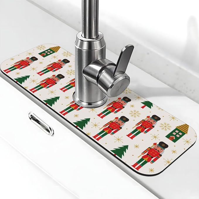 Nutcracker Christmas Tree Snowflakes Kitchen Sink Splash Guard Faucet Mat Super