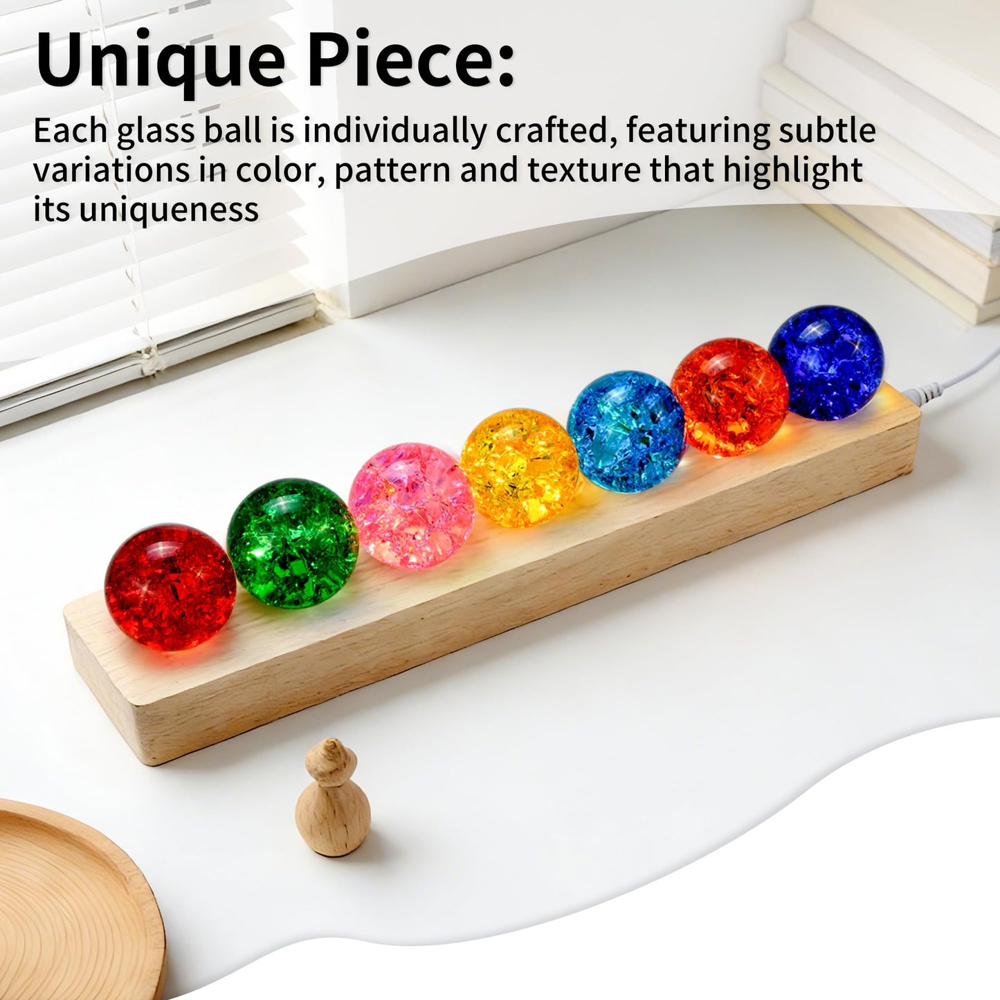 7 Chakra Crackle Crystal Ball with LED Stand, 40mm Natural Healing Stones for Meditation Reiki Energy Balance, Spiritual Decor Glass Sphere Lamp Night Light Gifts