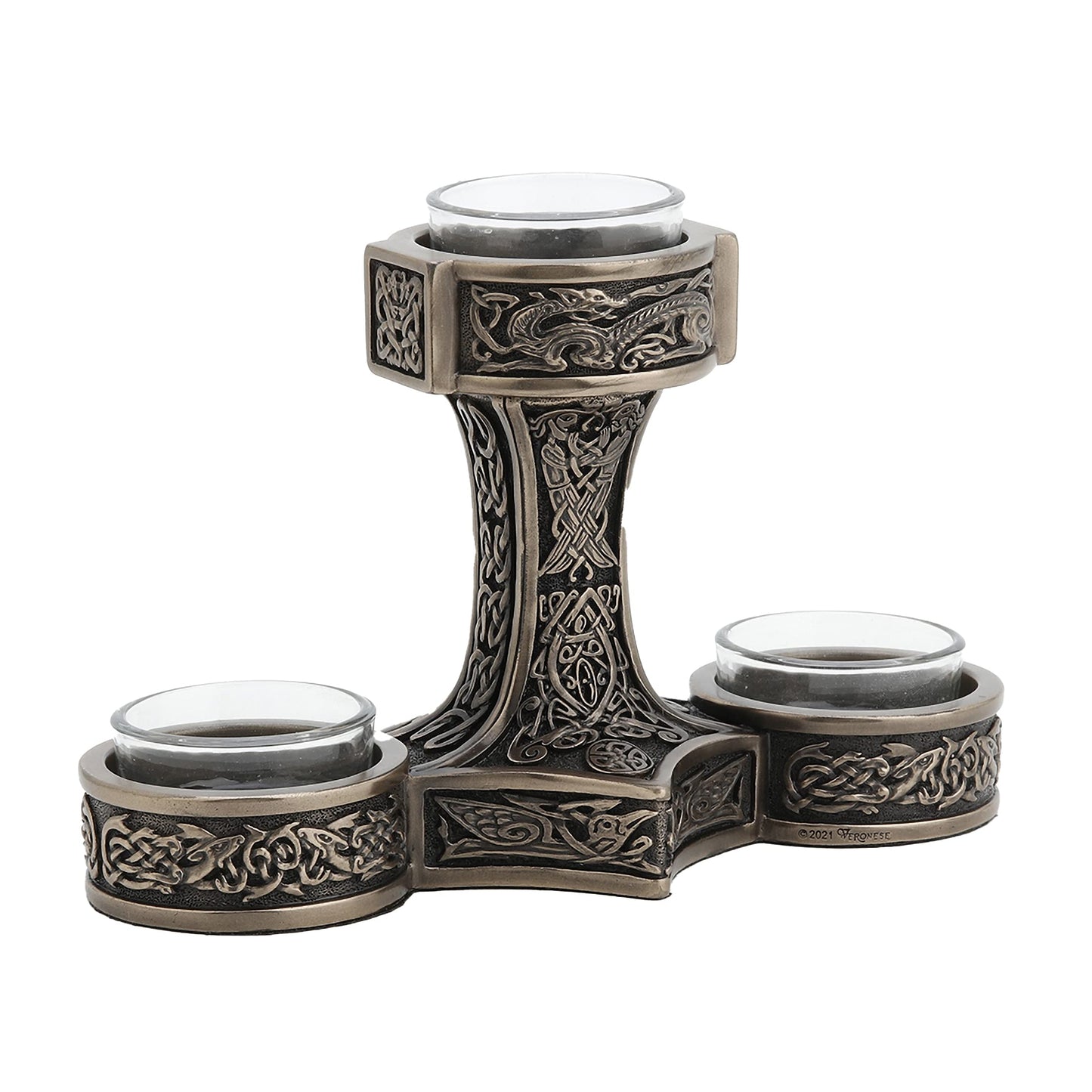 Veronese Design 4 7/8 Inch Tall Mjolnir Hammer of Thor Triple Head Tealight Candle Holder Viking Nordic Decor Cold Cast Bronzed Resin Sculpture