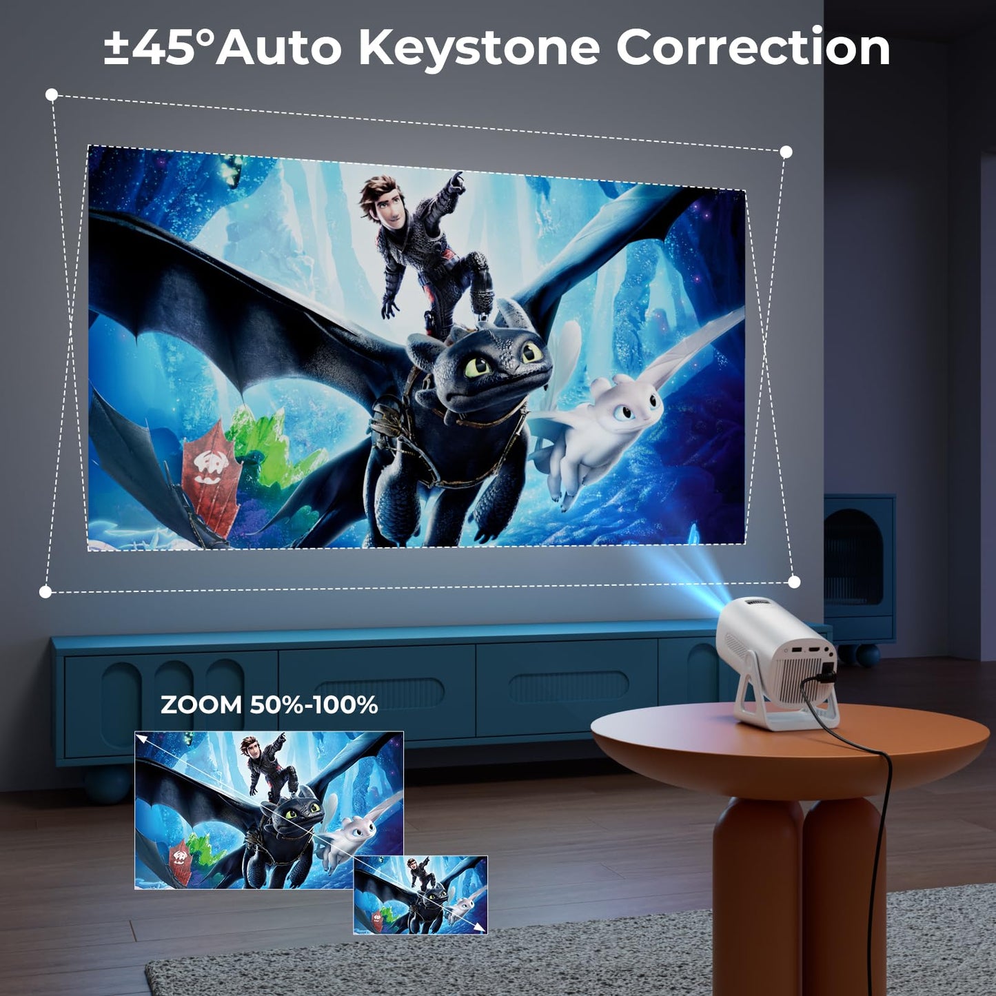 TransarJect Portable WiFi and Bluetooth Projector - 4K 1080P Supported Android Smart Mini Movie Projector, 270°Adjustable Stand Outdoor Home Star Projector with Ambient Light for Phone TV Stick Laptop