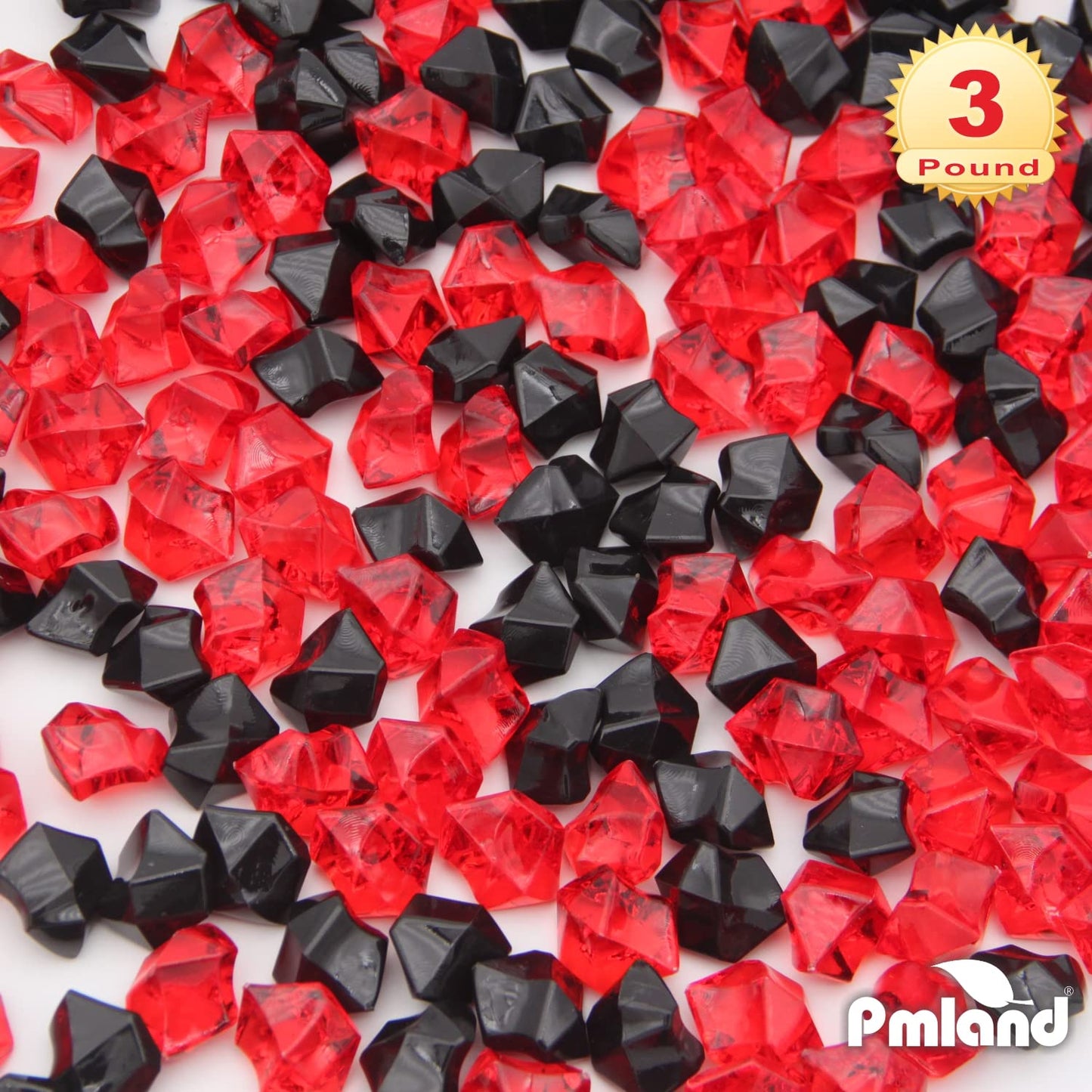 PMLAND Clear Fake Ice Rocks – 550 Pcs Large Acrylic Gems Crushed Plastic Diamonds, Black & Red (3Lbs/2.25 Quarts) – Bulk Vase Filler for Centerpieces Theme Décor Aquarium Table Scatter