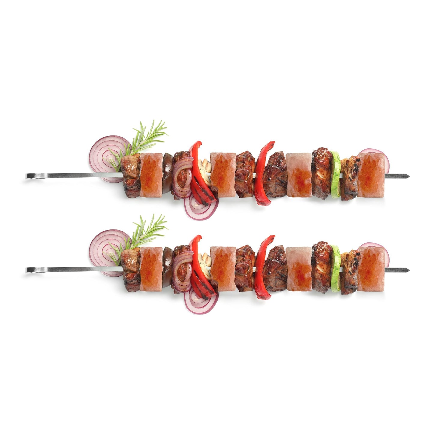 Outset Grill Skewers, Stainless Steel BBQ Skewers With Pink Himalayan Salt Cubes, 2 Skewers and 4 Cubes For Kabobs