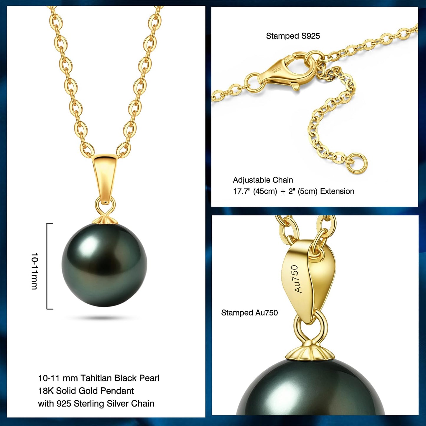 18K Solid Yellow Gold Tahitian Black Pearl Necklace Pendant with Sterling Silver Chain, AAAAA 10-11mm Ocean-Grown Pearls - Christmas Gift for Wife Mom, Women Jewelry for Wedding Anniversary Birthday