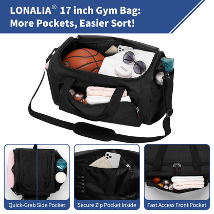 LONALIA 30L Gym Sport Duffle Bag - 17 inch Carry on Weekender Overnight Bag for Travel, Workout, Fitness (Black-30L)