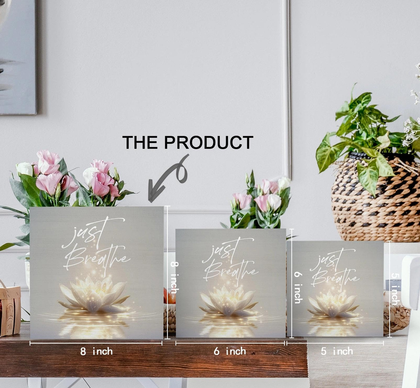 Lotus Flower Meditation Decor Signs, Just Breathe Lily Lotus Flower Room Decorations, Meditation Wood Decoration Home Decor For Zen Yoga Room Bedroom Desk Table Shelf 8x8 Inch Decorative Signs & Plaques