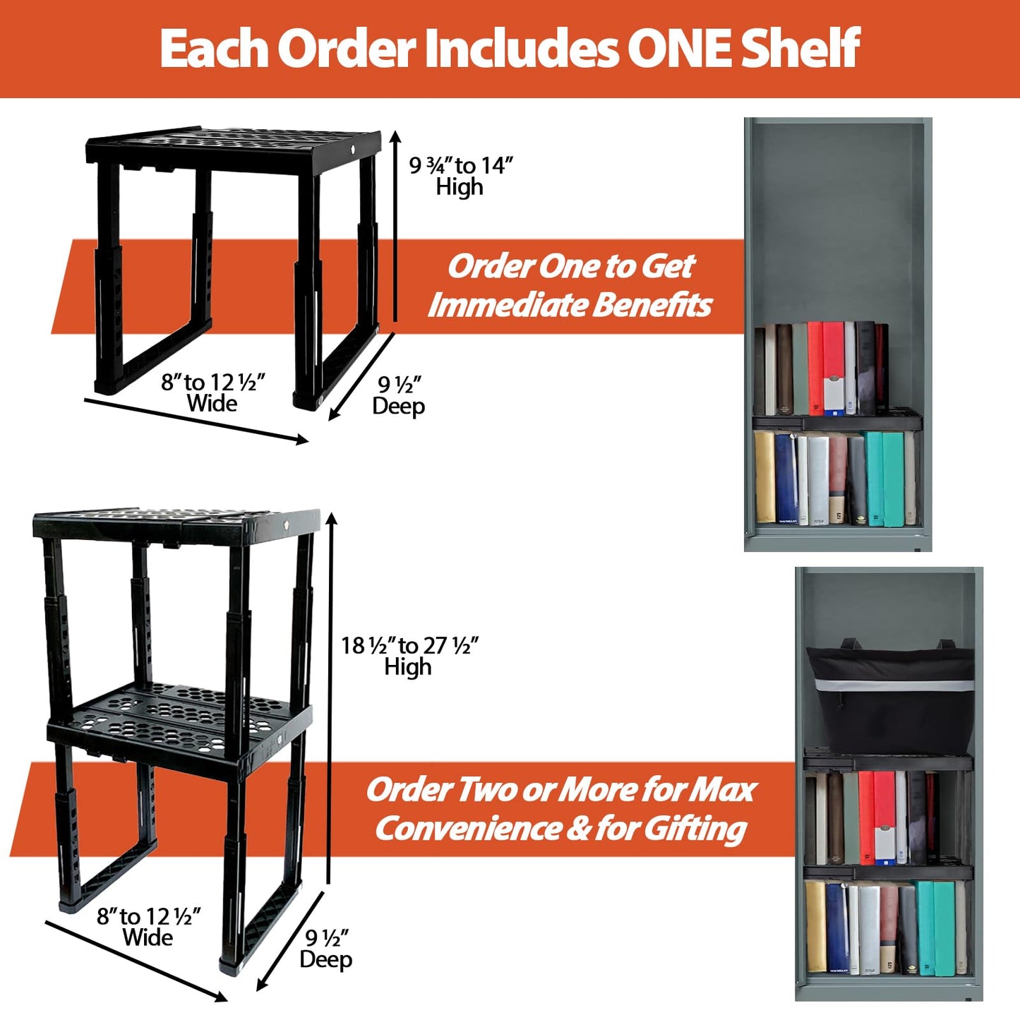 ABLinox Locker Organizer Shelf， Adjustable Width and Height, Stackable, Ideal Locker Shelf for School, Office, Gym Lockers, or Even Kitchen Cabinets & Under Sink Organization (White 2 Pack)