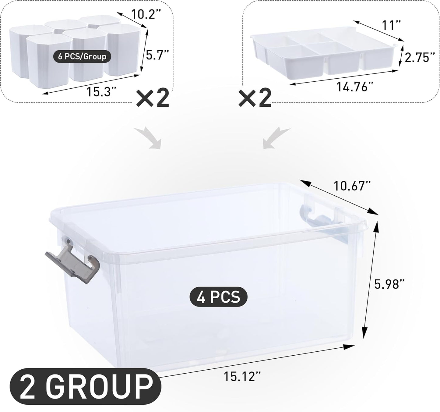 Citylife 17 QT Plastic Storage Box with Removable Tray and 6 Detachable Tall Inserts Craft Organizers and Storage Clear Storage Container for Organizing Crayon, Craft, Sewing, Playdoh, 4 Packs