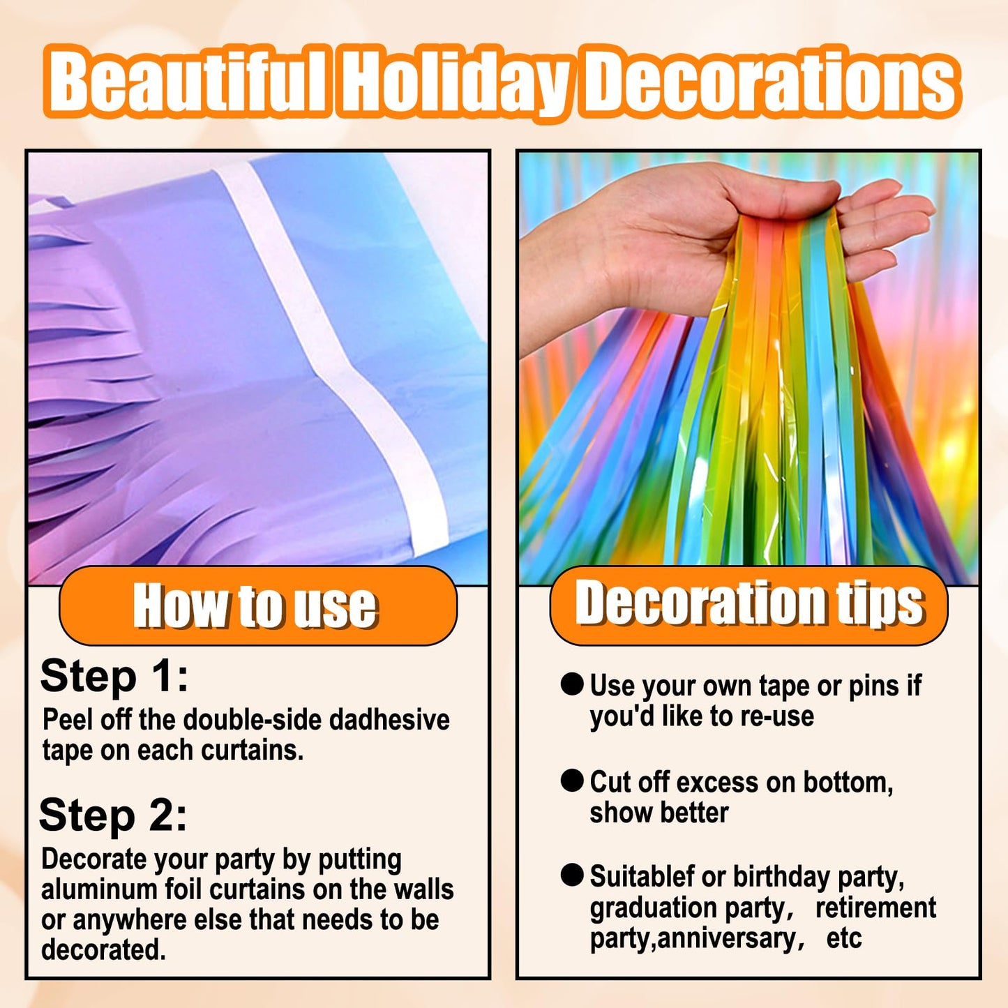 4 Pack 10 Ft Light Rainbow Foil Fringe Garland Metallic Tinsel Streamers Banner Wall Hanging Curtain Backdrop for Parade Floats, Christmas Day, Thanksgiving Day, Halloween, New Year Party Decoration
