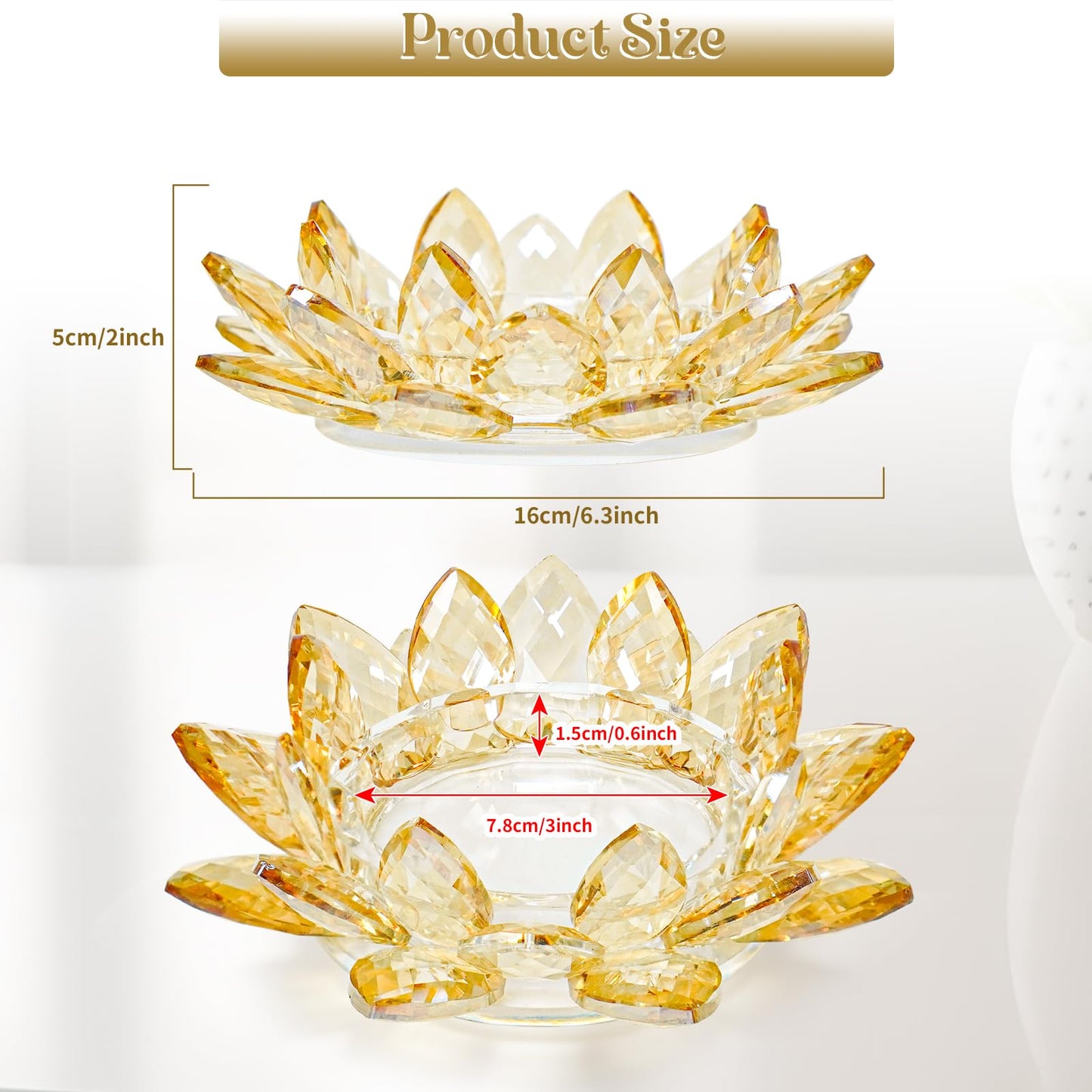 Large Crystal Lotus Tealight Candle Holder for Up to 6" Diameter Pillar Candle Plate Candlestick,Chunky Glass Votive Stand for Wedding, Party, Table Centerpiece Decor and Yoga Meditation (2, Gold)